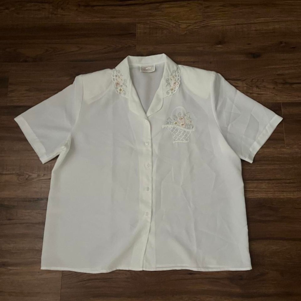 Vintage 90s White Blouse Embroidered Flowers‎ Lace Trim Women Large Boho Cottage